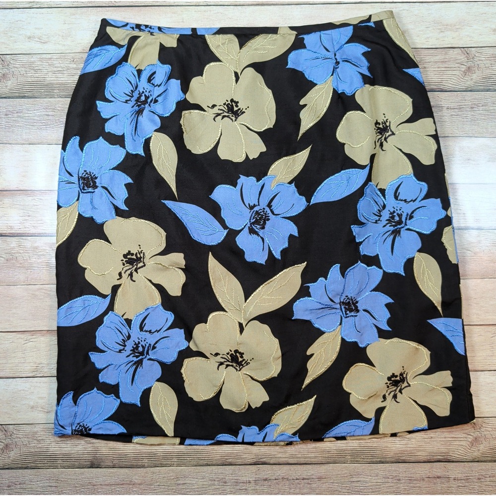 Casual Corner Pencil Skirt 12 Brown Blue Silk Floral Embroidered Grannycore